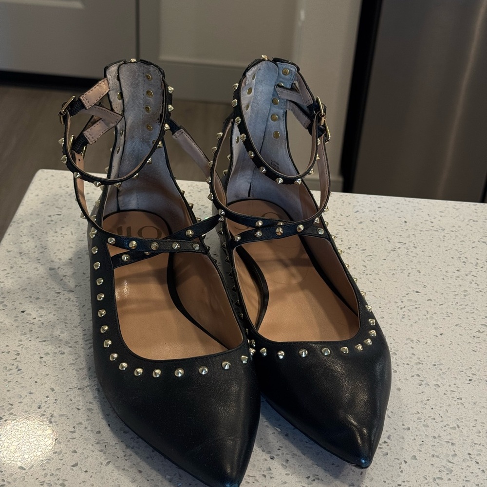 Black Studded Pointed-Toe Flats with Ankle Straps